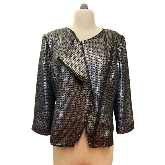 Express Sequin Long Sleeve Jacket Black & Silver Polyester/Spandex M - Picture 8 of 16
